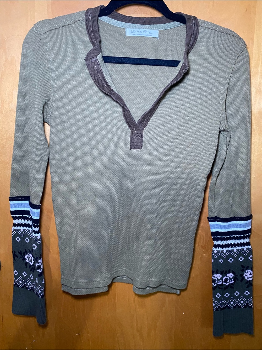 We The Free Olive Green Waffle Knit Long Sleeve Top with Patterned Cuffs